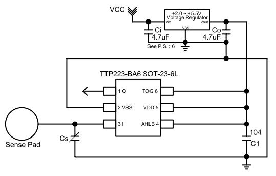 Типичная схема подключения TTP223-BA6